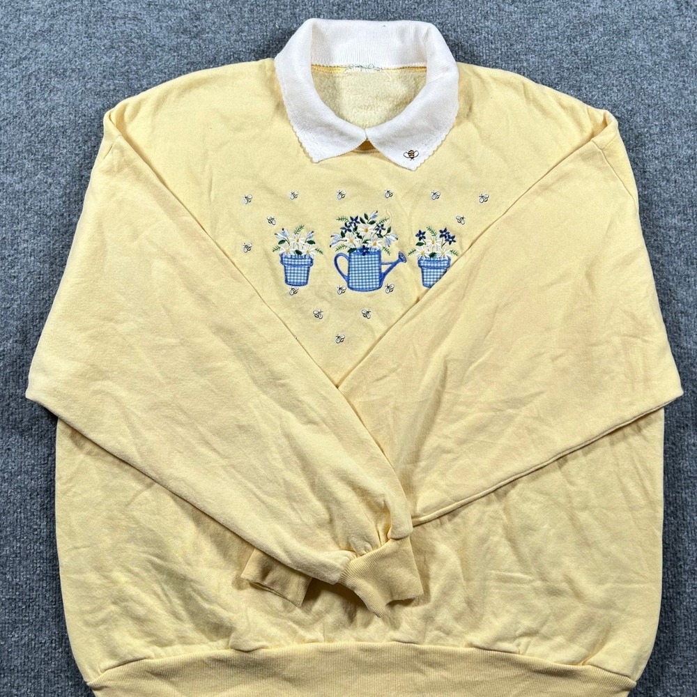 Unbranded Sweatshirt Womens Size XL Yellow Floral Bee Scalloped Collar Vintage